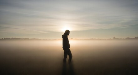 Silhouette of person walking at sunset horizon