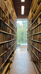 Quiet library aisle with tall bookshelves filled with old books, wooden floor and large window with natural light, academic atmosphere for education, research, reading and knowledge concept © Evgeniia Primavera