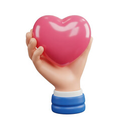 A hand holding a pink heart-shaped object with a blue sleeve