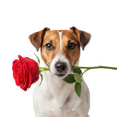 A charming dog holding a red rose delicately in its mouth, looking adorable and gentle.