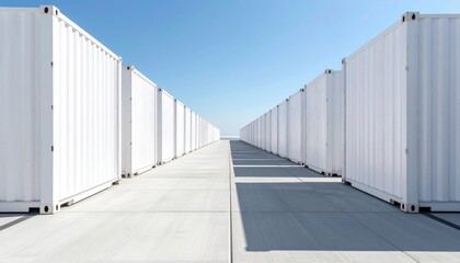 Obraz premium Rows of white shipping containers stretching towards the horizon under a clear blue sky