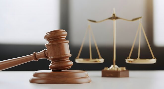 A gavel and scales of justice on a table in a courtroom setting