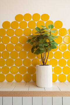 A Plant in Front of a Yellow Backsplash