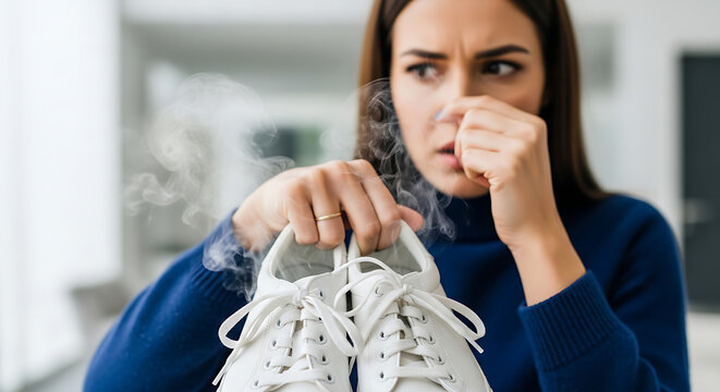 Young woman holding smelly shoes with a disgusted expression in a blurred indoor setting with a close-up viewpoint