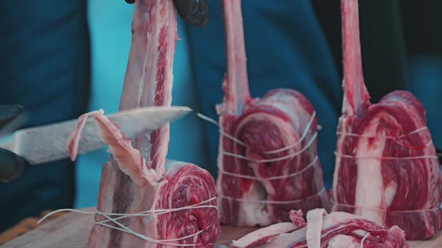 Close-up of a butcher's gloved hand trimming a raw tomahawk steak with a knife. Detailed view of fresh red meat preparation against a blue background. Professional culinary and butchery concept