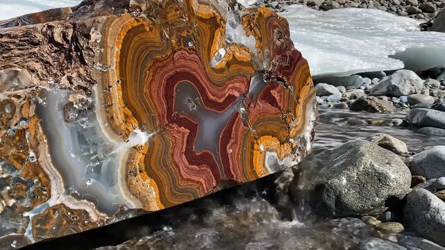 Vibrant banded petrified wood specimen exposed by glacial melt on a rocky riverbank showcasing intricate natural patterns.