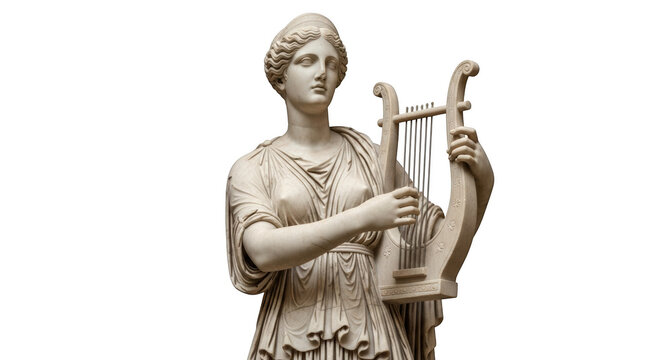 Muse erato ancient greek sculpture playing lyre classical art isolated on transparent background