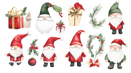 Watercolor christmas gnomes and holiday elements on transparent background, cute festive illustrations arranged in a set