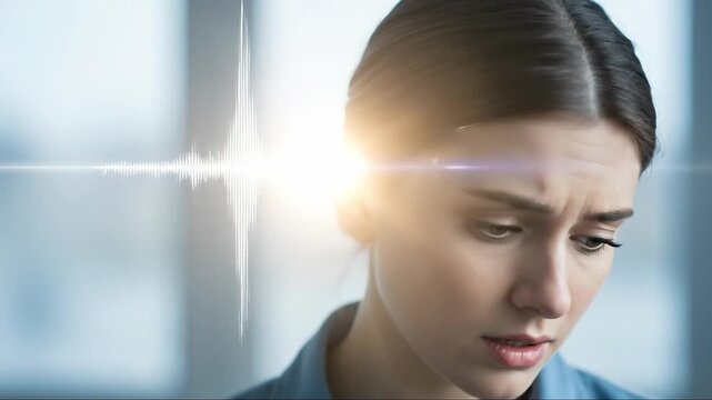 Young woman experiencing severe ear pain, loud noise, hearing loss, auditory distress, deafness, a medical condition affecting communication ability, urgent health concern