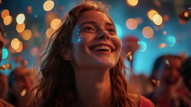 A girl smiles happily at a festival under colourful lights, conveying joy and freedom, which will emphasise the festive atmosphere as a decorative backdrop.
