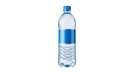 Fototapeta premium Refreshing blue water bottle with blank label clear plastic container for hydration isolated on transparent background