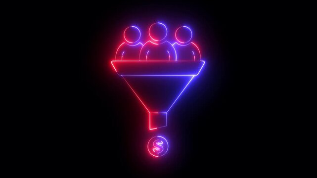 Glowing neon Sales Funnel Icon isolated on black background. sales funnel conversion concept with person and dollar coins. Perfect for digital marketing presentations and website content.
