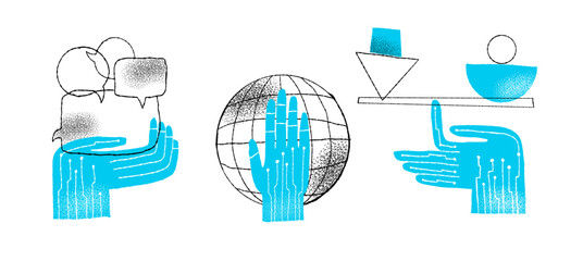 AI Robotic Hands Concepts, Global Technology and Balance Symbols in Hand-Drawn Doodle Style