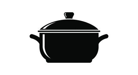 A stark black silhouette of a cooking pot with a lid and handles is displayed against a white background silhouette