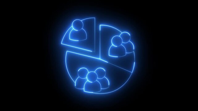 Glowing neon business analytics and customer segmentation icon presentation on black background. Business Customer Market Segment icon animation. 4k video animation.