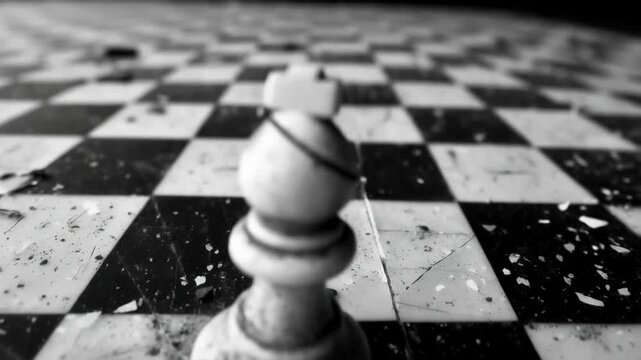 A broken white chess piece stands on a shattered board, symbolising defeat and destruction &mdash; a powerful visual backdrop for social projects about the consequences of conflict or crisis.
