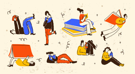 People Reading Books Illustration Set: Naive Characters in Relaxed Poses for Education, Literacy and Mindfulness Concepts