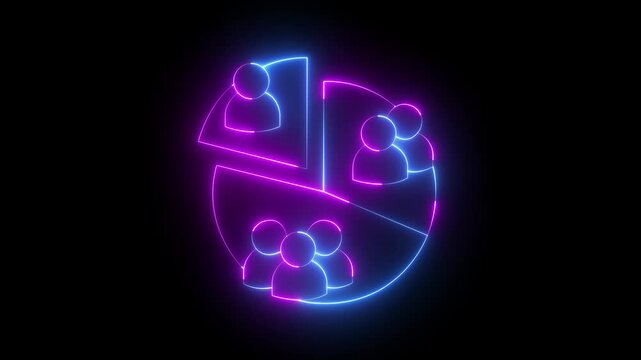 Glowing neon business analytics and customer segmentation icon presentation on black background. Business Customer Market Segment icon animation. 4k video animation.