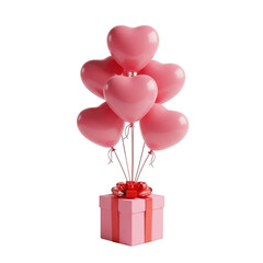 A bouquet of pink balloons tied to a small gift box on a white background