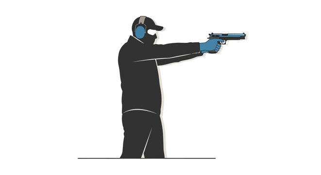 Man aiming handgun with protective gear on white background