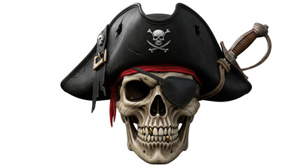 Naklejka premium Skull pirate with eye patch gold teeth and old hat wearing sword isolated on transparent background