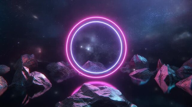 Neon-lit space portal glowing brightly against a starry night sky with asteroids floating in the foreground, used for sci-fi backgrounds