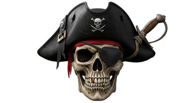 Skull pirate with eye patch gold teeth and old hat wearing sword isolated on transparent background