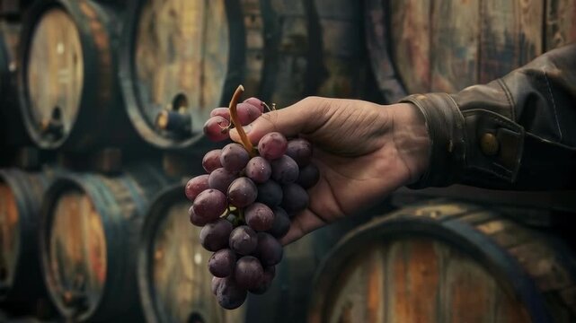 A hand in a work glove holds a bunch of ripe grapes against a backdrop of oak barrels, emphasising the traditions of winemaking &mdash; the perfect background for promoting wineries or food blogs.

