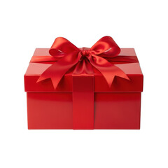 A beautifully wrapped red gift box with a big ribbon on top