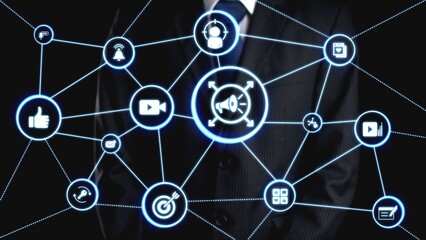 Content marketing interface with data dashboards, analytics charts, and content tools. Marketing...