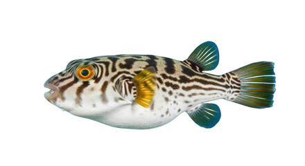 Naklejka premium Striking stars and stripes pufferfish detailed close up exotic fish isolated on transparent background