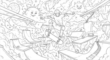 Obraz premium Surreal Skateboarder Floating in a Whimsical Dreamscape Coloring Page
