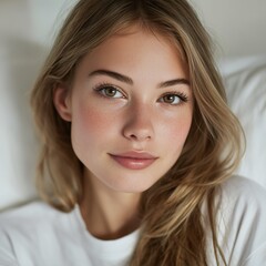 Naklejka premium Soft-Light Morning Portrait: Serene Woman with Warm Expression