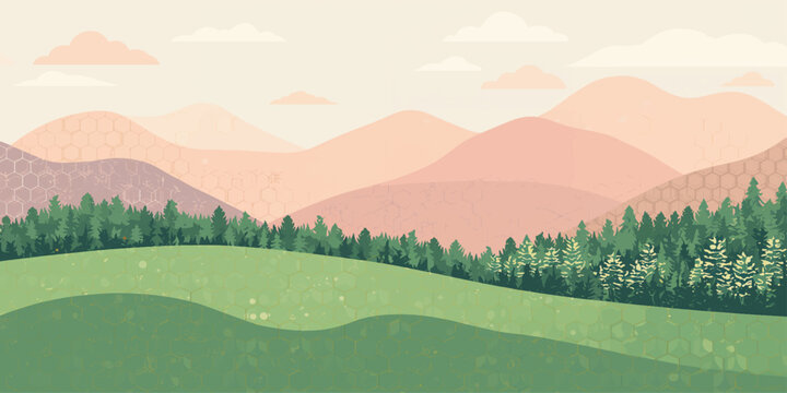 A vibrant summer vector illustration of a green mountain landscape featuring rolling hills and a grassy meadow under a blue sky with white clouds