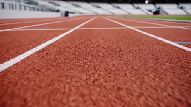 Empty red running track with clear white lines stretching into the distance at an outdoor stadium.