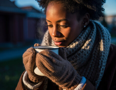Woman in cozy winter attire sips hot beverage on a chilly outdoor morning