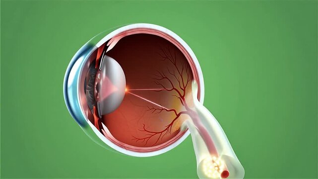 Anatomical illustration of a human eye sectioned to reveal internal structures