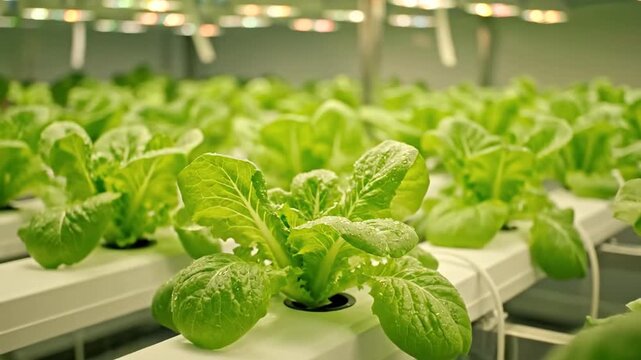 Vertical farm growing vibrant green lettuce under LED lights showcasing modern sustainable agriculture techniques