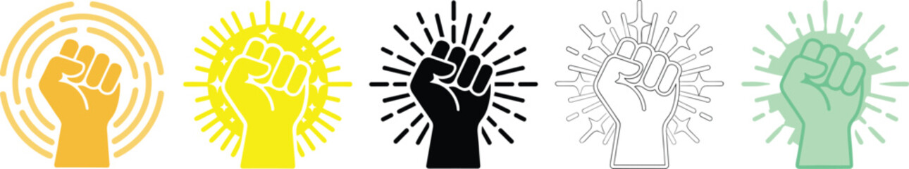 Raised fist power icon set symbolizing protest activism strength solidarity empowerment resistance freedom equality social justice movement graphic design collection