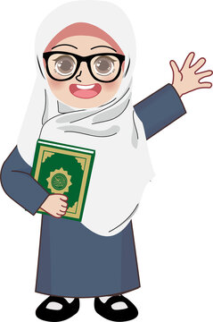 A smiling cartoon girl wearing a hijab holds a book and waves hello.