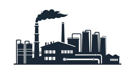 Obraz premium A stark black silhouette depicts an industrial complex with multiple smokestacks releasing plumes of smoke showcasing urban manufacturing silhouette