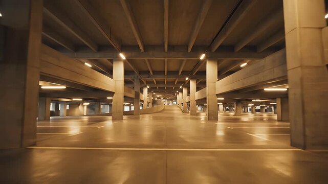 A wide, empty underground parking garage with concrete supports, bright lights, and reflective floors