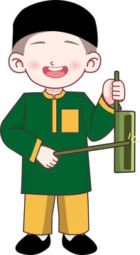 A happy child in green plays bamboo percussion.