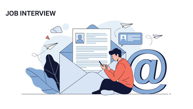 Job seeker sitting on a large email symbol while waiting for a response near an open envelope containing a resume and application.