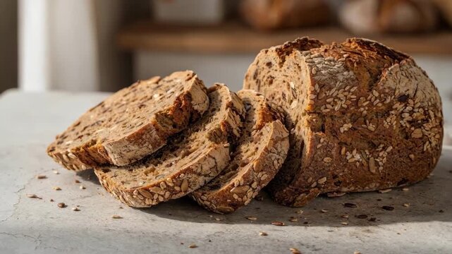 Side view of sliced specialty rye loaves revealing a moist dense interior filled with seeds arranged artfully on a neutral stone surface for a bakery display ambiance.