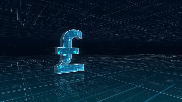 Glowing digital pound sterling symbol floating in a futuristic data grid environment, creating a modern finance and fintech background for banking, investment, and economic technology content.