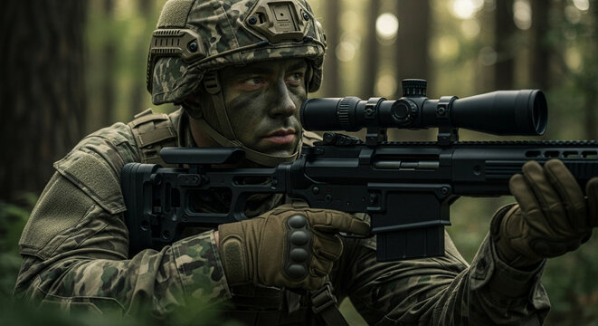 Camouflaged Army Sniper on Forest Overwatch Mission