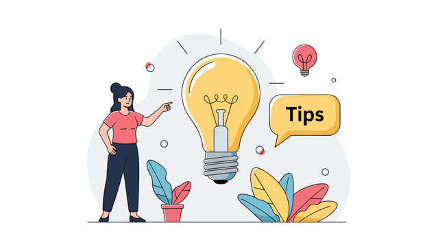 Knowledgeable woman points toward a large glowing lightbulb and a speech bubble with tips to share helpful advice and clever ideas.