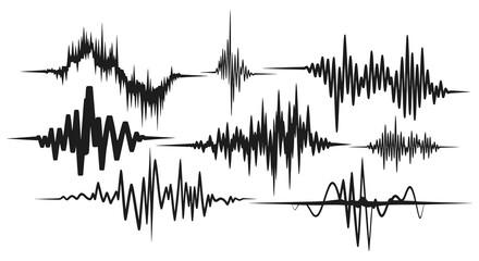 A collection of abstract sound wave forms are displayed in stark black against a white background creating a striking silhouette © ArtBySalea07