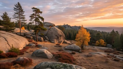 Rocky landscape at sunset. Large boulders, pine trees, and dry soil in a nature park. Autumn light, natural texture of stone
